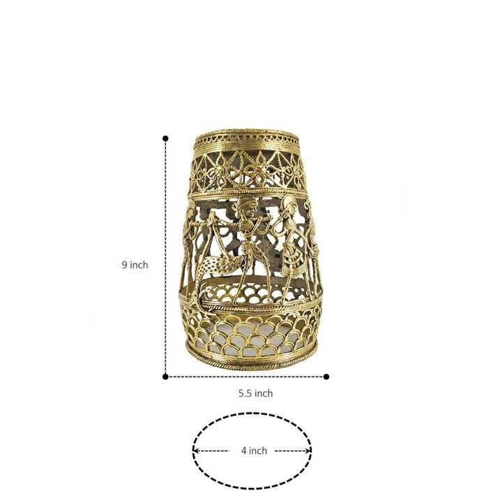 Golden brass handcrafted lampshade with Bastar Dokra art figures
