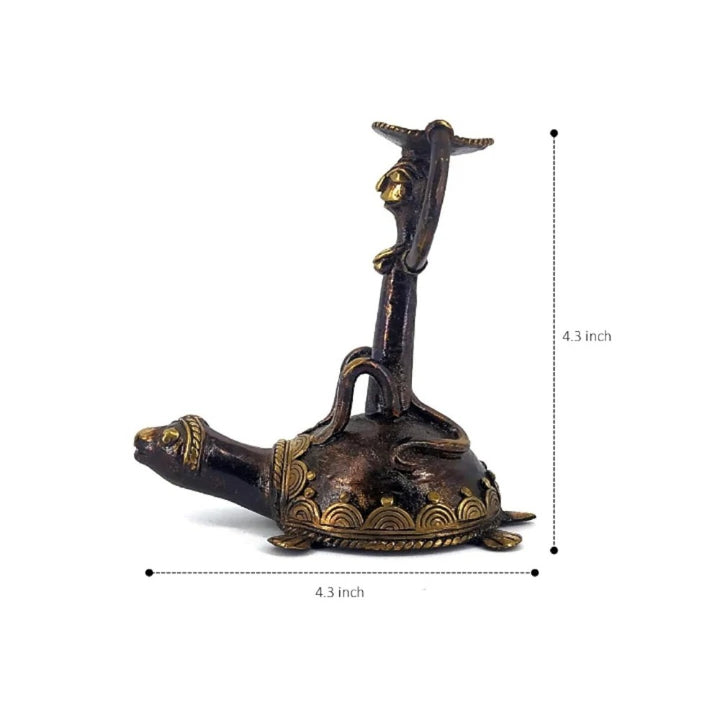 Handcrafted brass candle holder with monkey and tortoise design with size details