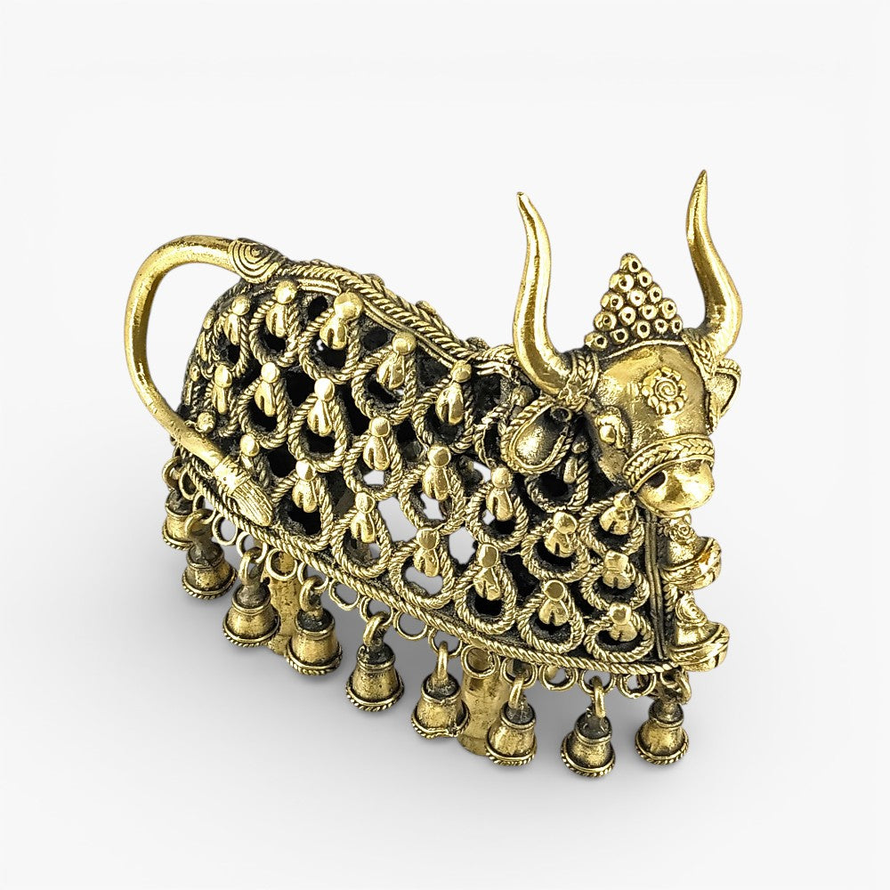 Handcrafted brass Nandi statue with hanging bell details