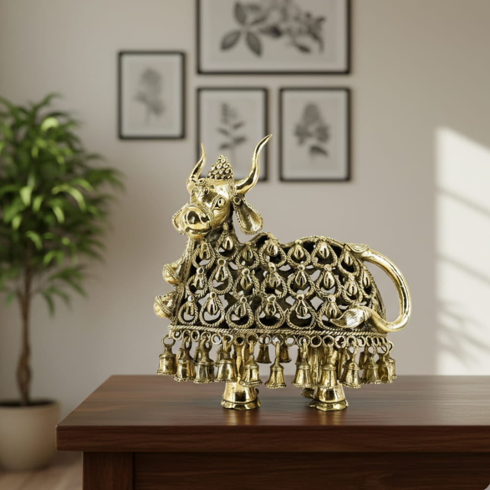 Handcrafted brass Nandi figurine in Bastar Dokra art with intricate metal detailing, decorative Indian sculpture for home decor, 11 inch