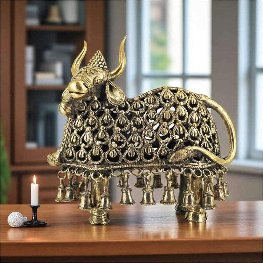 Handcrafted brass Nandi figurine in Bastar Dokra art with intricate metal detailing, decorative Indian sculpture for home decor, 11 inch
