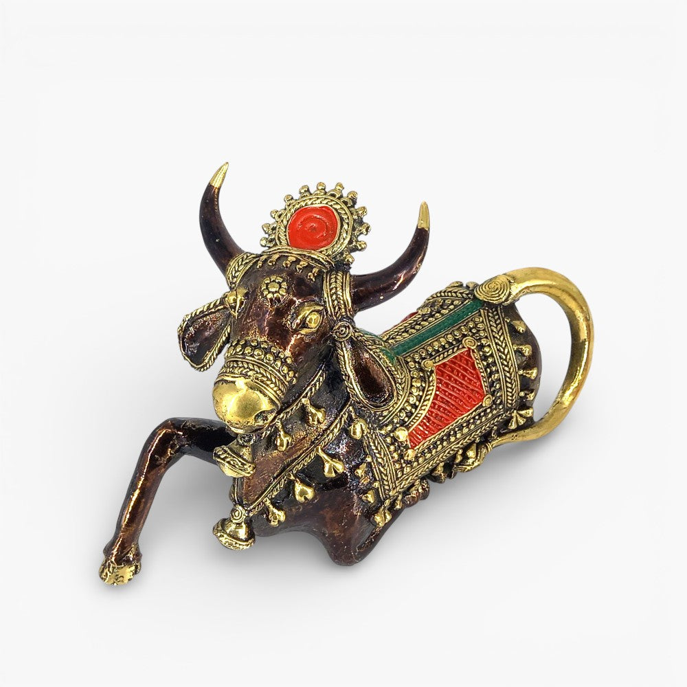 Handcrafted brass Nandi statue with detailed metal ornamentation