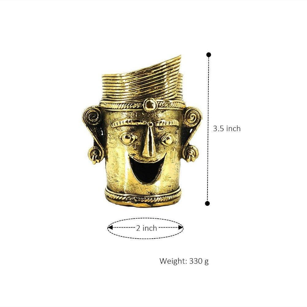 Brass Bastar Dokra art pen holder with crowned smiling face