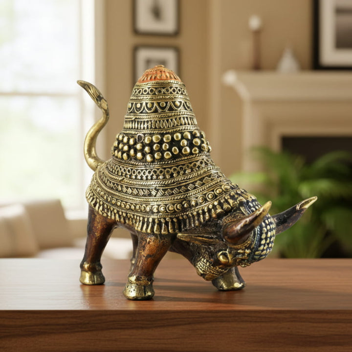Handcrafted brass raging bull statue in Bastar Dokra art with detailed textured patterns, bronze finish decorative Indian metal showpiece, 8 inch