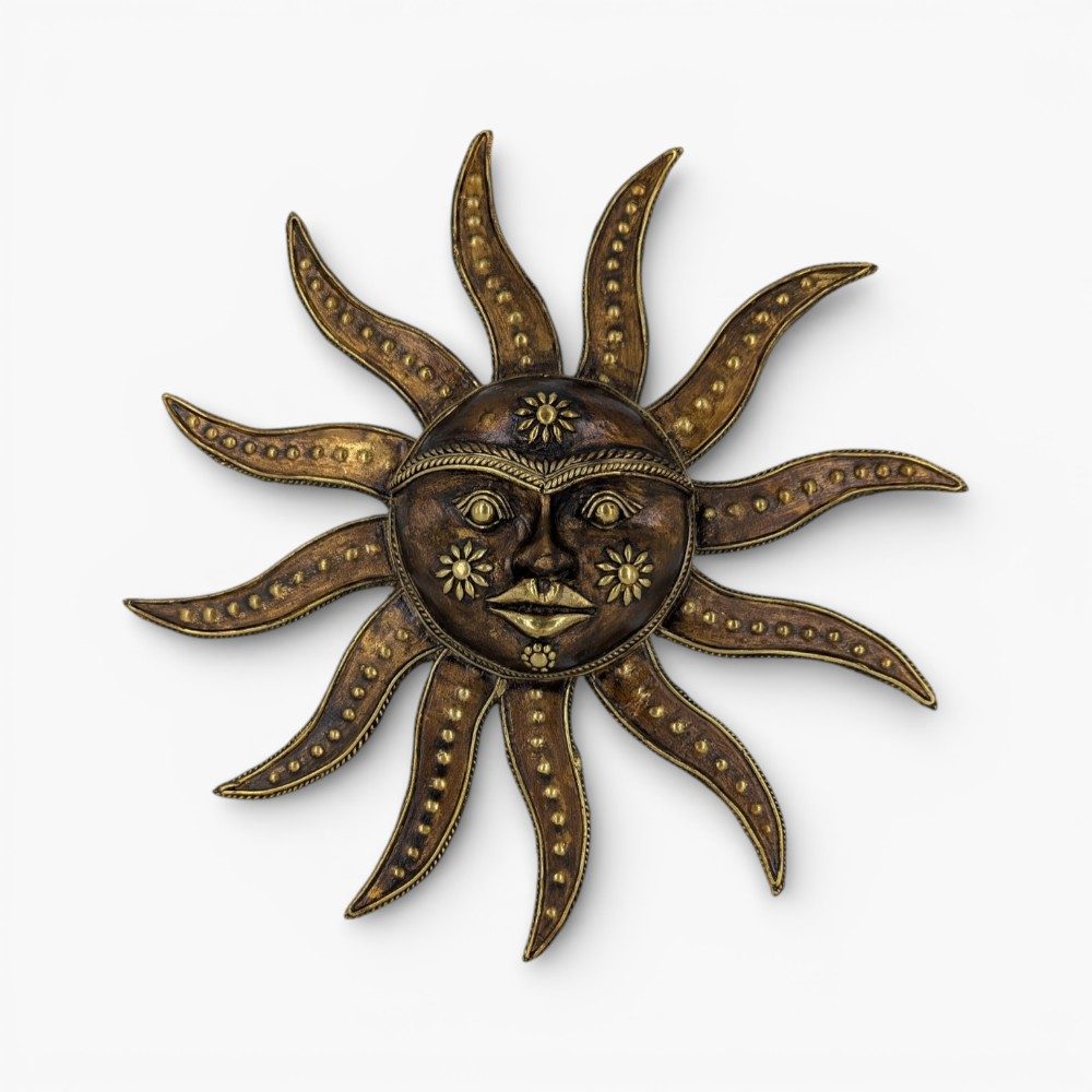 Handcrafted brass sun wall decor inspired by Bastar Dokra art
