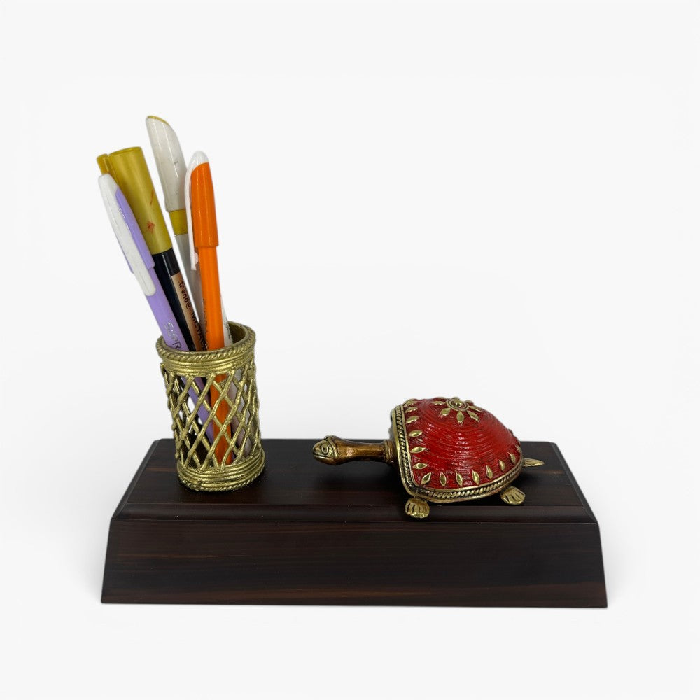 Handcrafted brass turtle pen holder desk organizer with lattice pen stand and wooden base decorative desk accessory