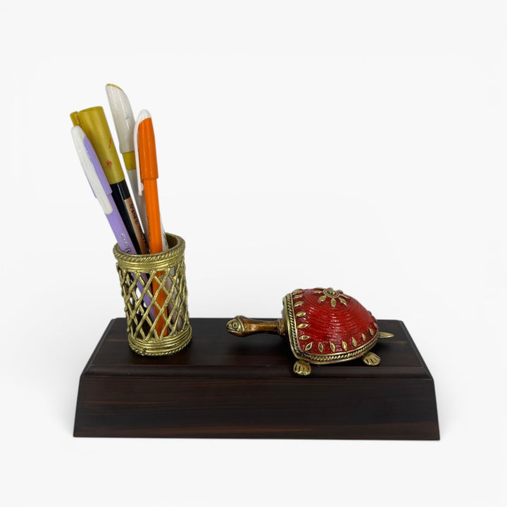 Handcrafted brass turtle pen holder desk organizer with lattice pen stand and wooden base decorative desk accessory