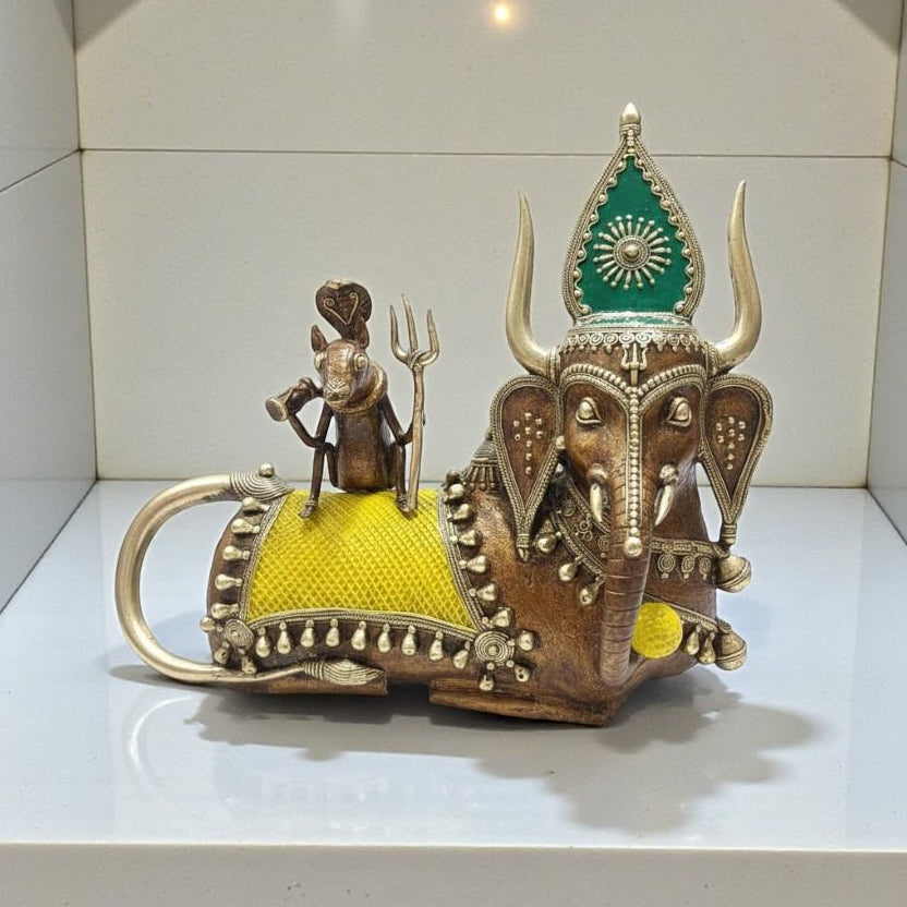 Handmade Bahurupiya brass artefact crafted in Bastar Dokra art, multicolor decorative Indian metal sculpture with detailed traditional motifs, 12 inch