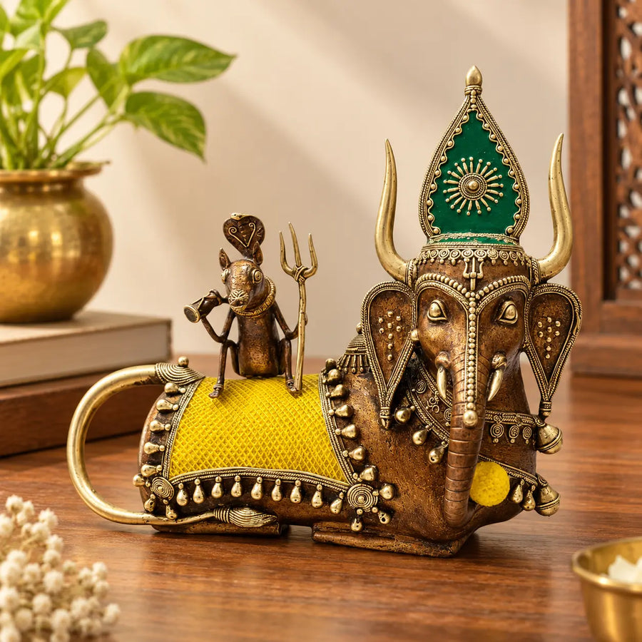 Handmade Bahurupiya brass artefact crafted in Bastar Dokra art, multicolor decorative Indian metal sculpture with detailed traditional motifs, 12 inch