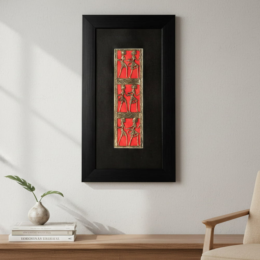 Handmade Bastar Dokra art brass figurine wall frame with black frame and red vertical panel, traditional Indian metal wall decor, 18 inch