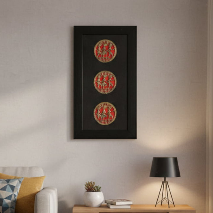 Handmade Bastar Dokra art brass wall frame with Circles of Celebration motif in black and red, traditional Indian metal wall decor, 18 inch