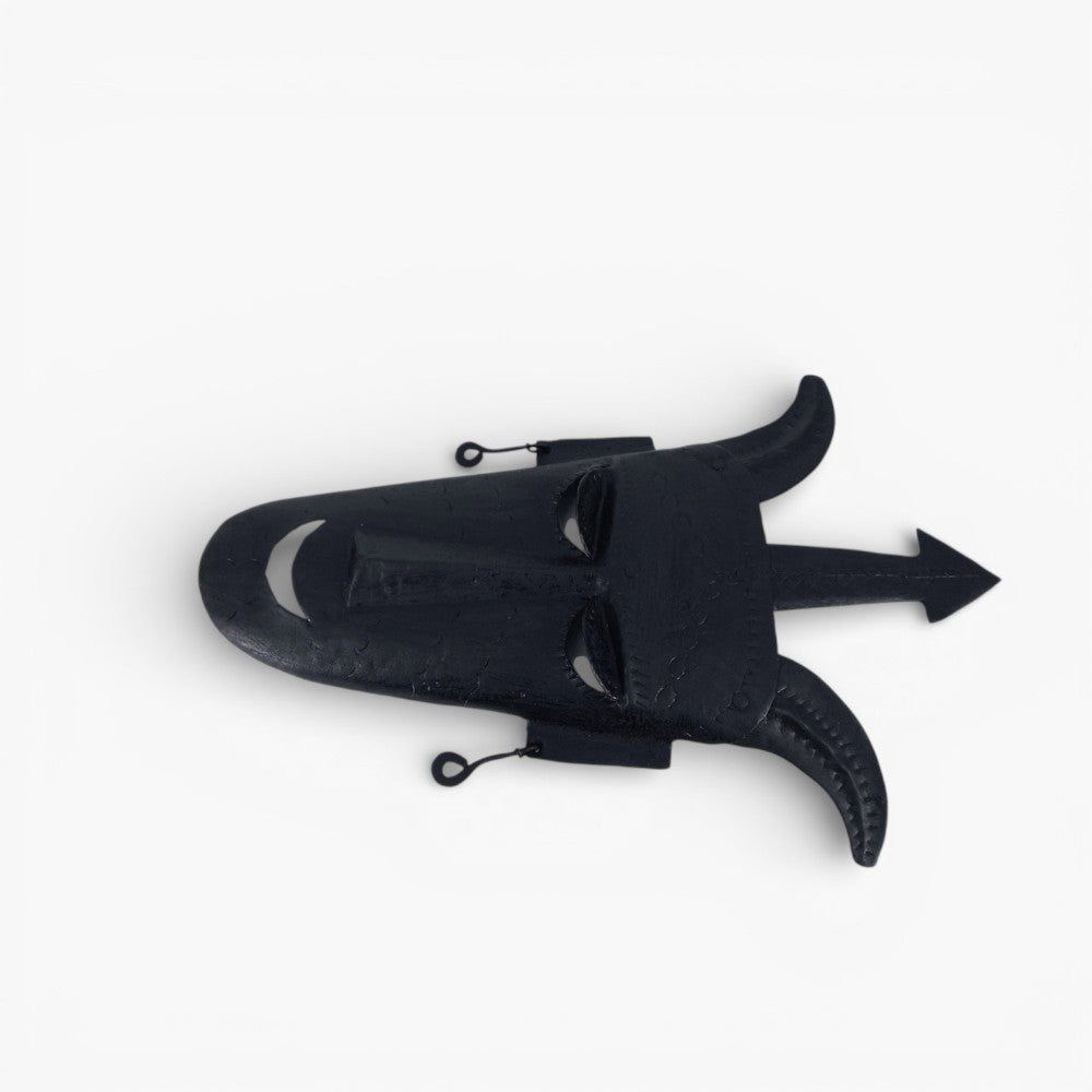 Decorative Bastar iron craft trident mask wall hanging black metal traditional wall decor side view