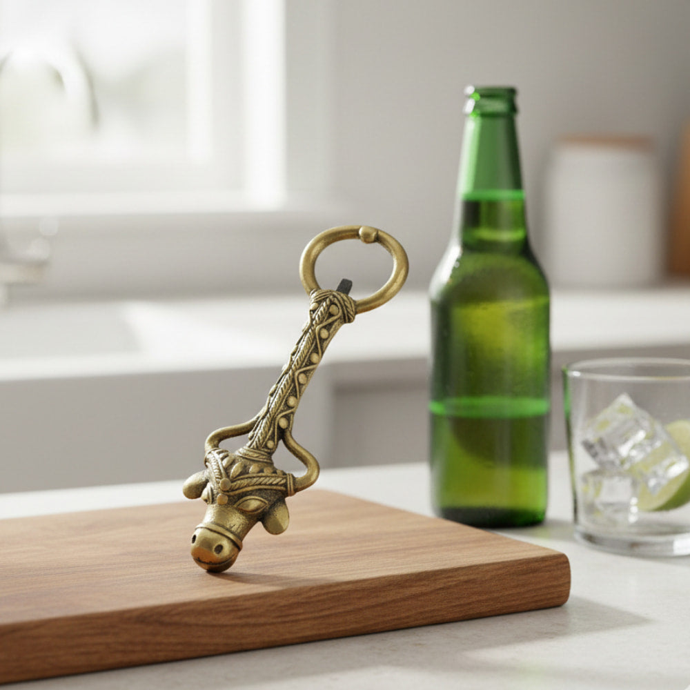 Handmade bell metal bottle opener with fridge magnet in golden finish, decorative and functional metal bar accessory, 5 inch