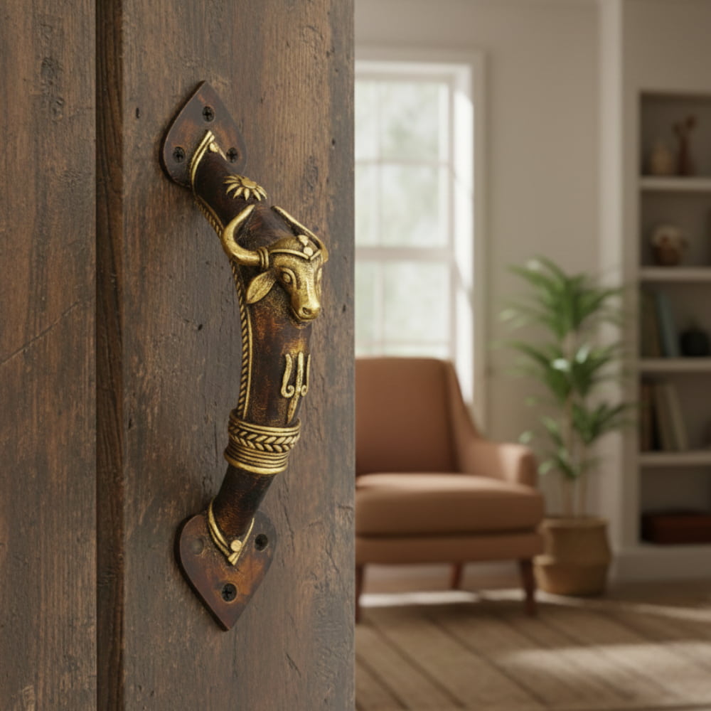Handmade brass Bastar Dokra art bull door handle with traditional handcrafted detailing, decorative Indian metal door hardware, 9 inch