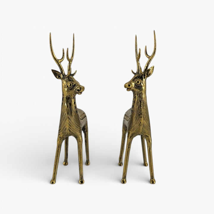 Front perspective of handcrafted brass deer figurine inspired by Bastar Dokra art traditional metal decor