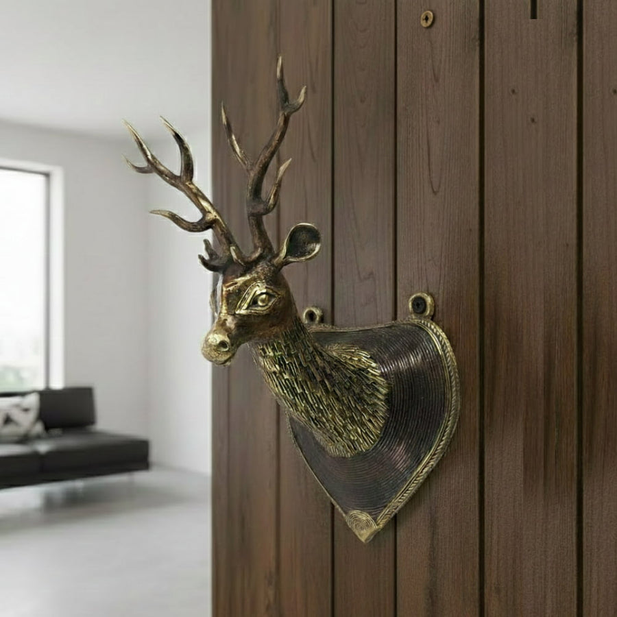 Handmade brass deer head textured wall accent in bronze color with detailed handcrafted finish, decorative metal wall decor, 10 inch