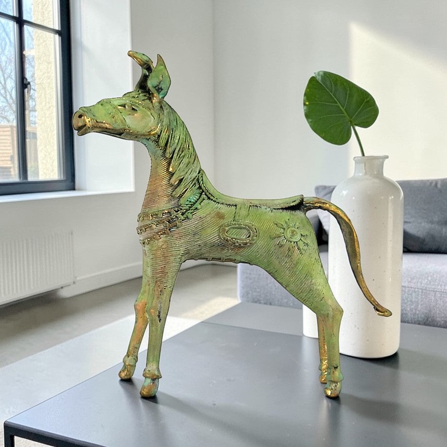 Handmade brass sleek horse statue with unicorn-inspired detailing in Bastar Dokra art, green antique finish decorative showpiece for home decor