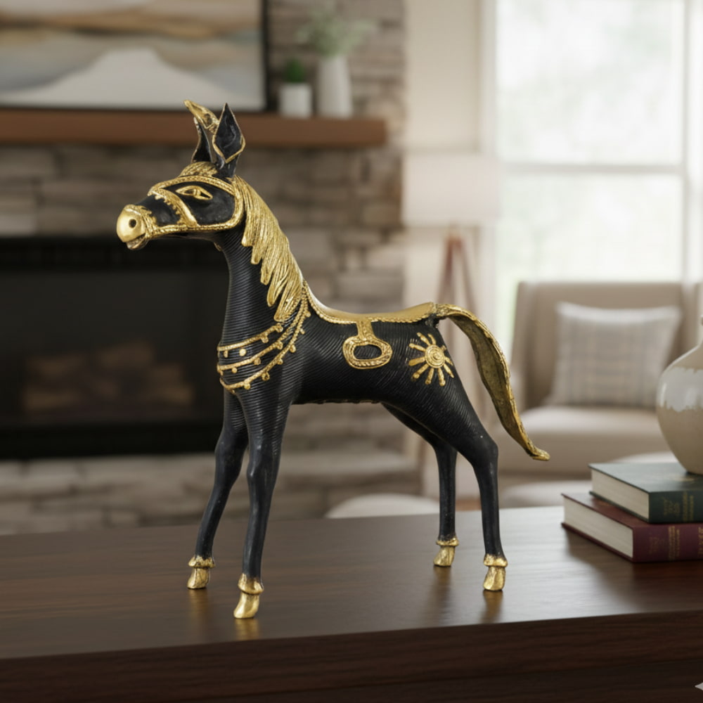 Handmade Bastar Dokra art brass sleek horse statue with unicorn-inspired ornamentation, black and gold finish, decorative Indian metal showpiece