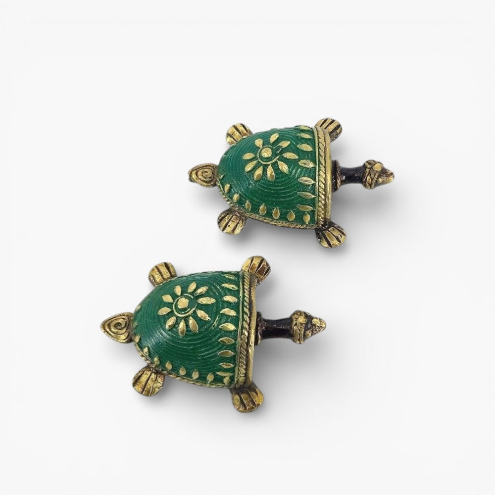 Green brass tortoise figurine Bastar Dokra art top shell detailing