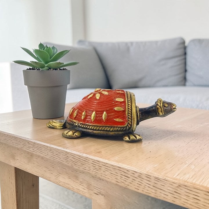 Handcrafted brass tortoise figurine in blue finish, Bastar Dokra art 2.5 inch small decorative showpiece