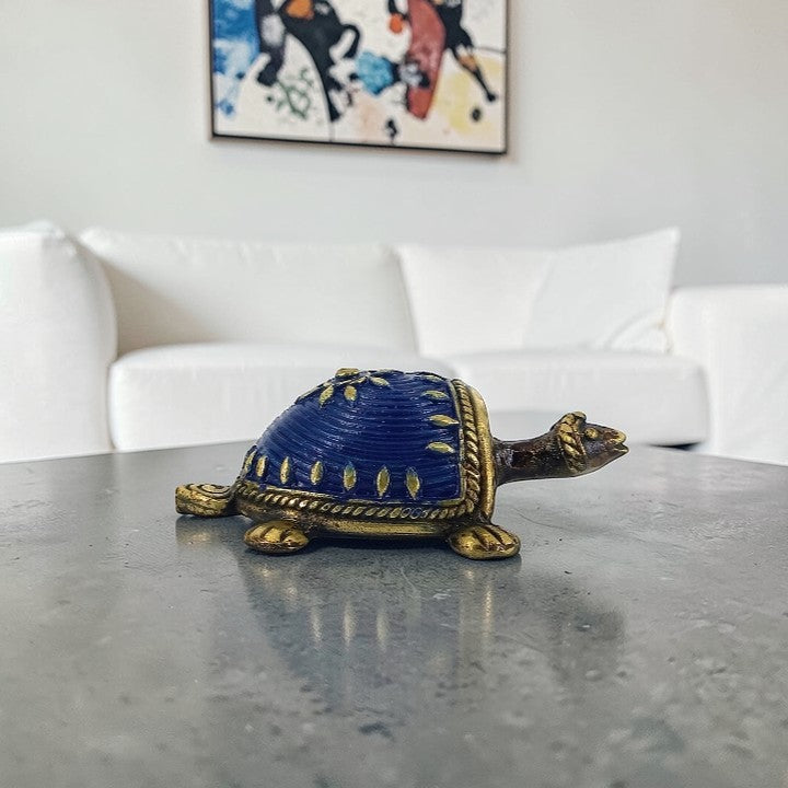 Handcrafted brass tortoise figurine in blue finish, Bastar Dokra art 2.5 inch small decorative showpiece