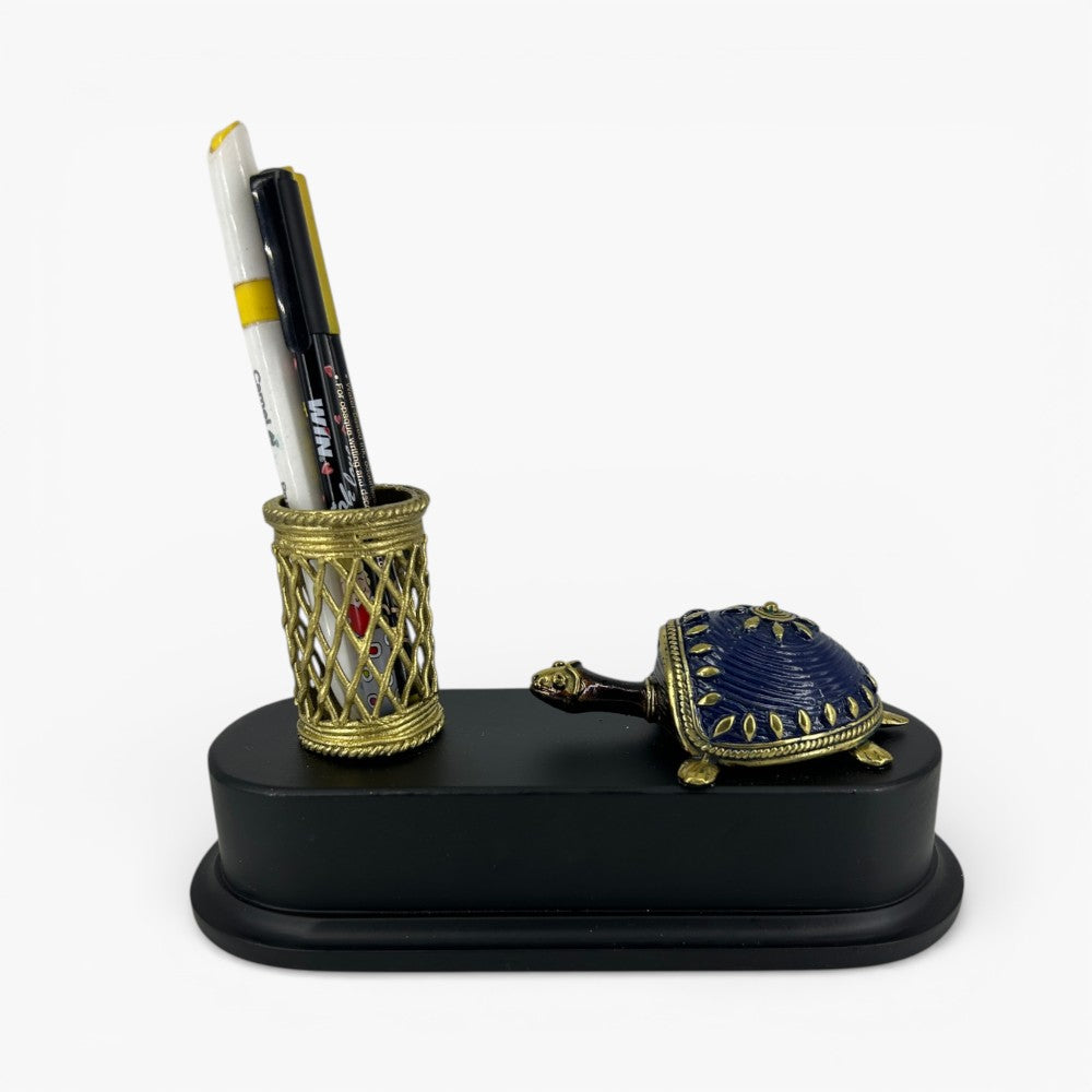 Handmade brass turtle pen holder desk organizer with blue shell and decorative metal pen stand