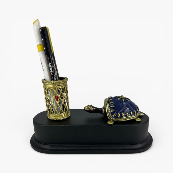 Handmade brass turtle pen holder desk organizer with blue shell and decorative metal pen stand