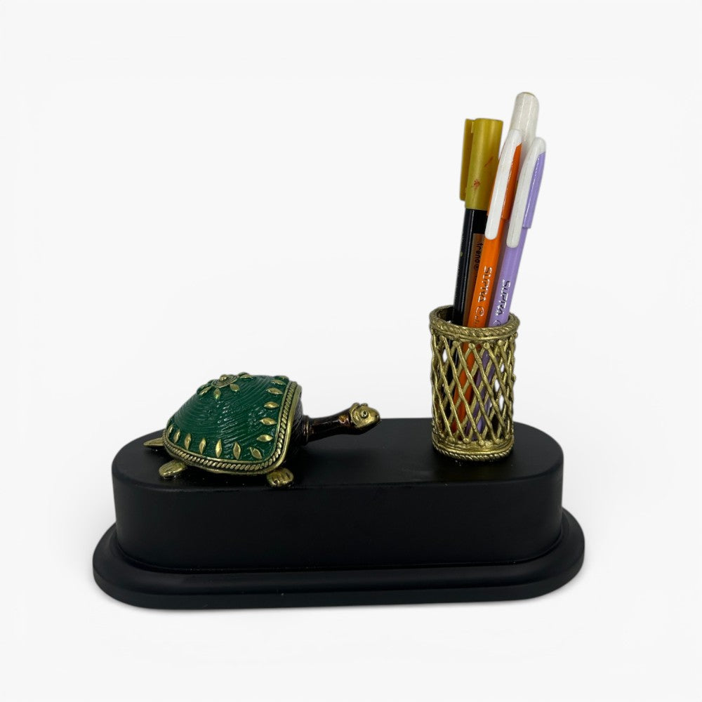 Handmade brass turtle pen holder desk organizer with green finish shell and metal pen stand office accessory