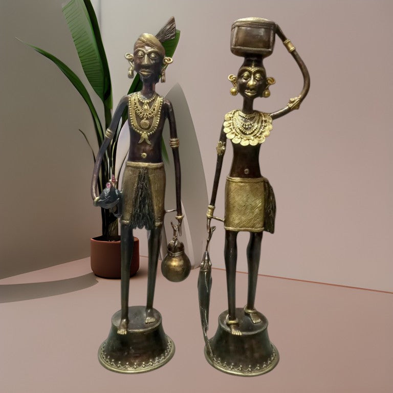 Handmade Dhokra brass Madia Madin statues crafted in Bastar Dokra art, traditional Indian folk couple figurines with detailed metalwork