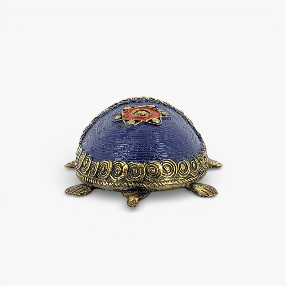 Back view of handcrafted Dhokra bell metal coin tortoise figurine highlighting blue shell design and antique brass accents