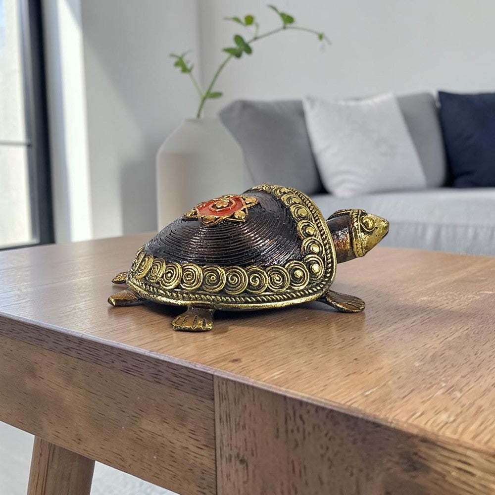 Back view of handmade tribal bell metal coin tortoise figurine with detailed shell design, Bastar Dokra art 4.5 inch home decor piece