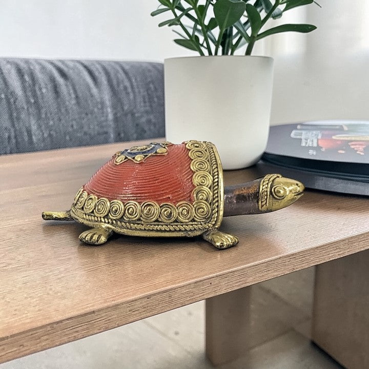 Handmade tribal bell metal coin tortoise figurine with red shell detailing, Bastar Dokra art 4.5 inch decorative home decor showpiece