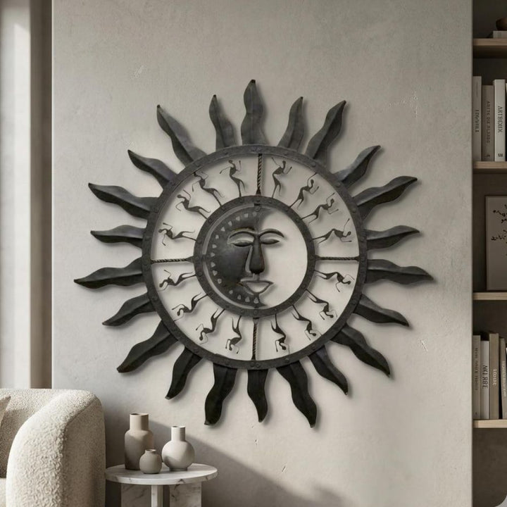 Handmade wrought iron sun and moon wall hanging black metal wall art decor