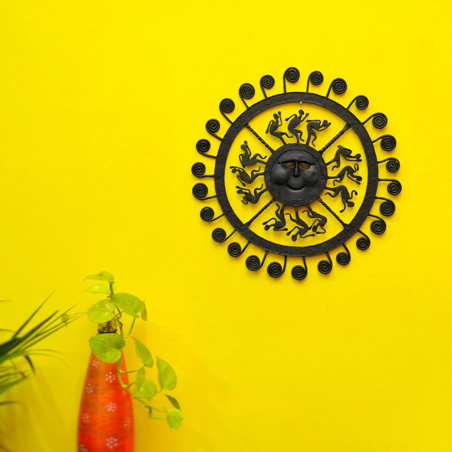Handcrafted iron sun wall hanging mask black finish front view