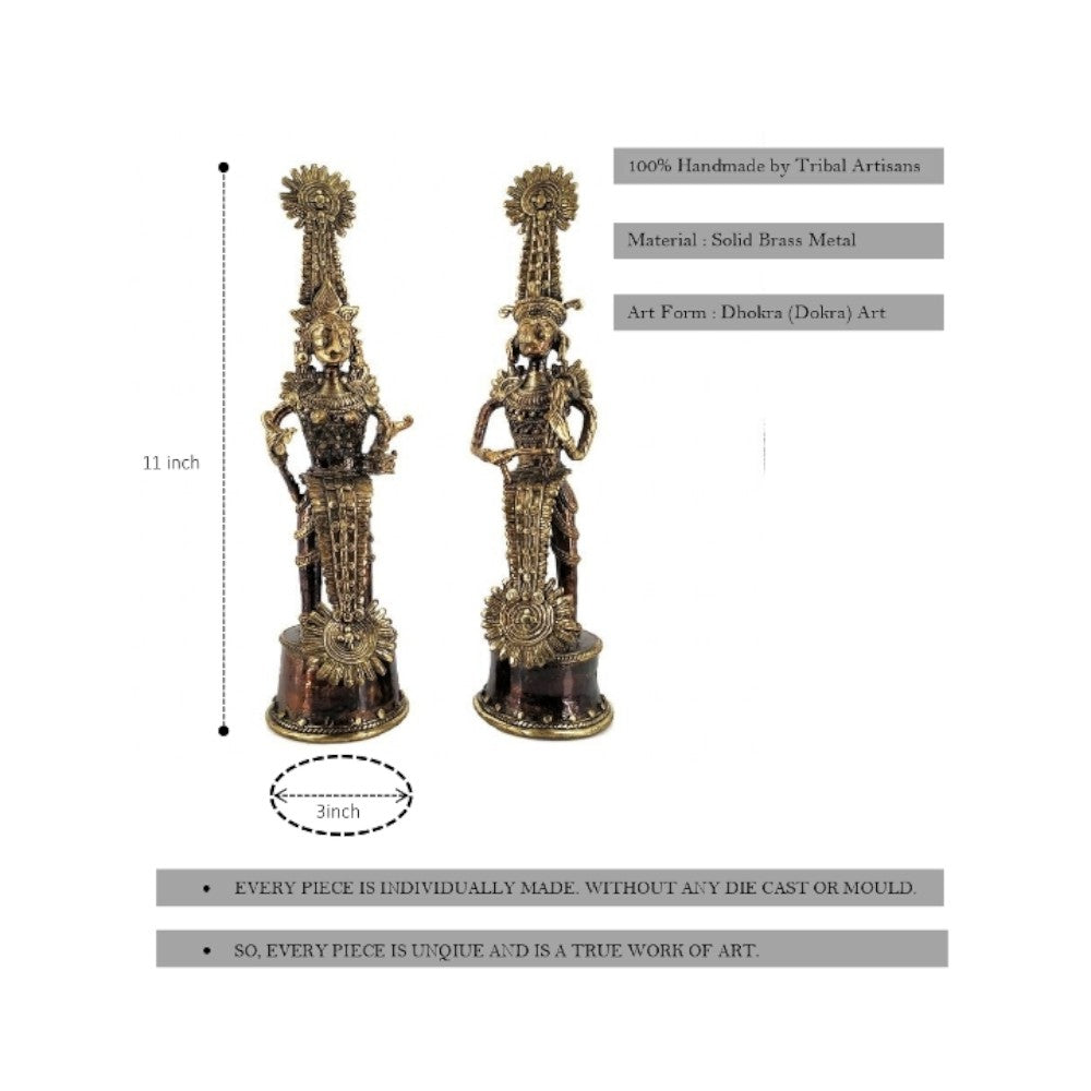 Handcrafted Jhitku Mitki brass tribal statue pair with size details showing 11 inch height and authentic Dhokra metal art