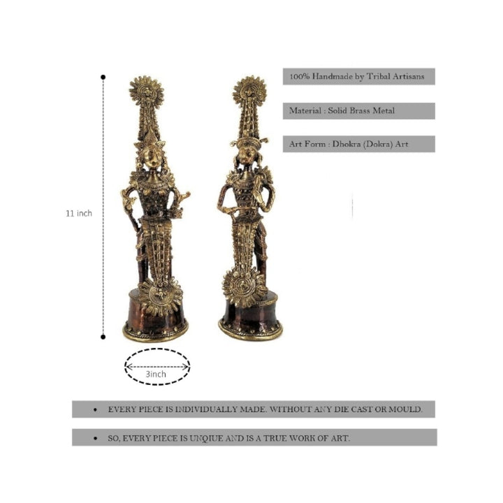 Handcrafted Jhitku Mitki brass tribal statue pair with size details showing 11 inch height and authentic Dhokra metal art