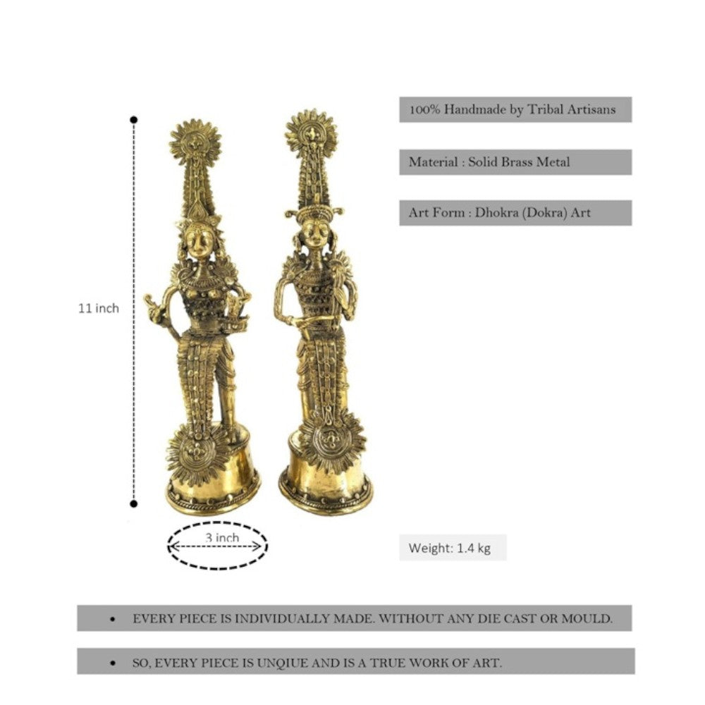 Handmade brass Jhitku Mitki tribal statue pair with size and weight details showcasing authentic Bastar Dokra metal art