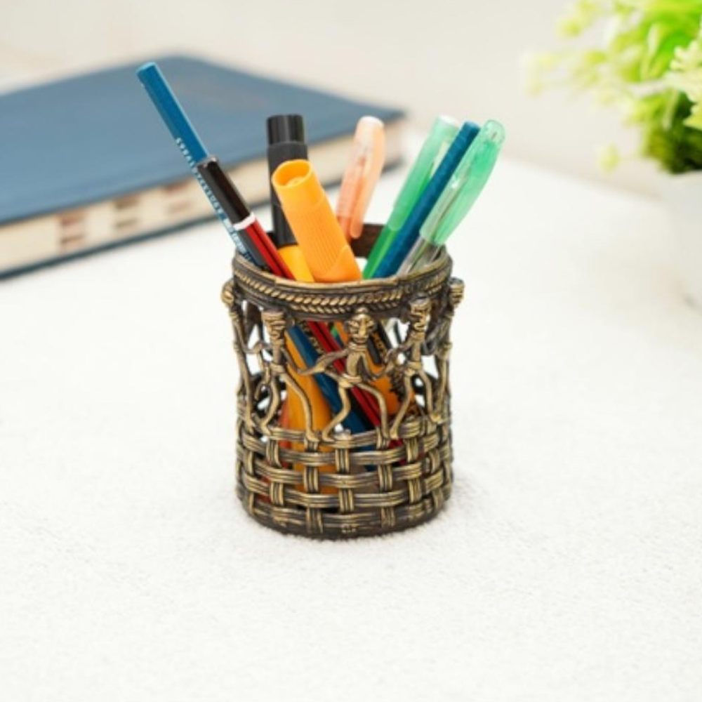 Handcrafted Bastar Dokra brass pen holder desk organizer decorative office accessory