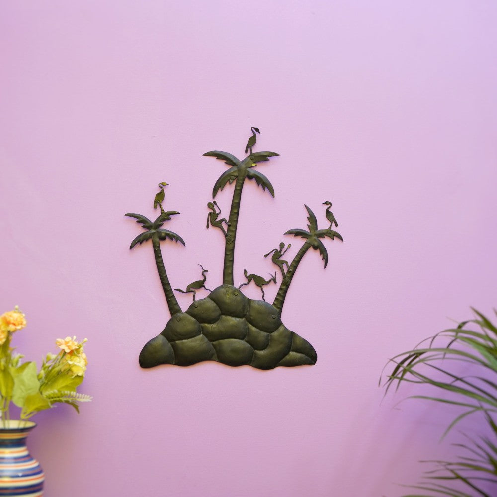 Handcrafted iron nature wall hanging with palm trees front view
