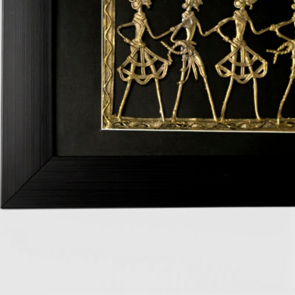 Close-up detail of Nritya Square brass wall frame in Bastar Dokra art with black finish, handcrafted 12.5 inch wall decor