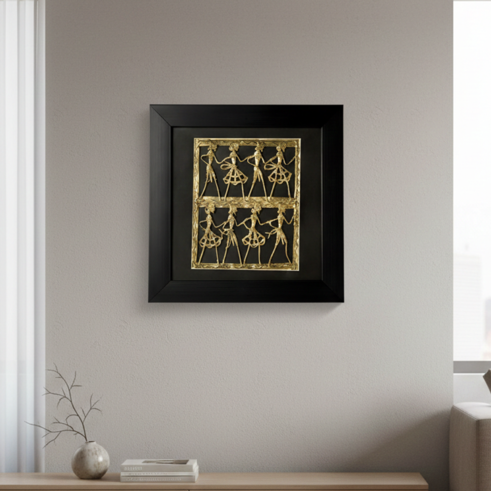 Nritya square brass wall frame crafted in Bastar Dokra art with dancing figure motifs, black finish decorative Indian metal wall decor, 12.5 inch