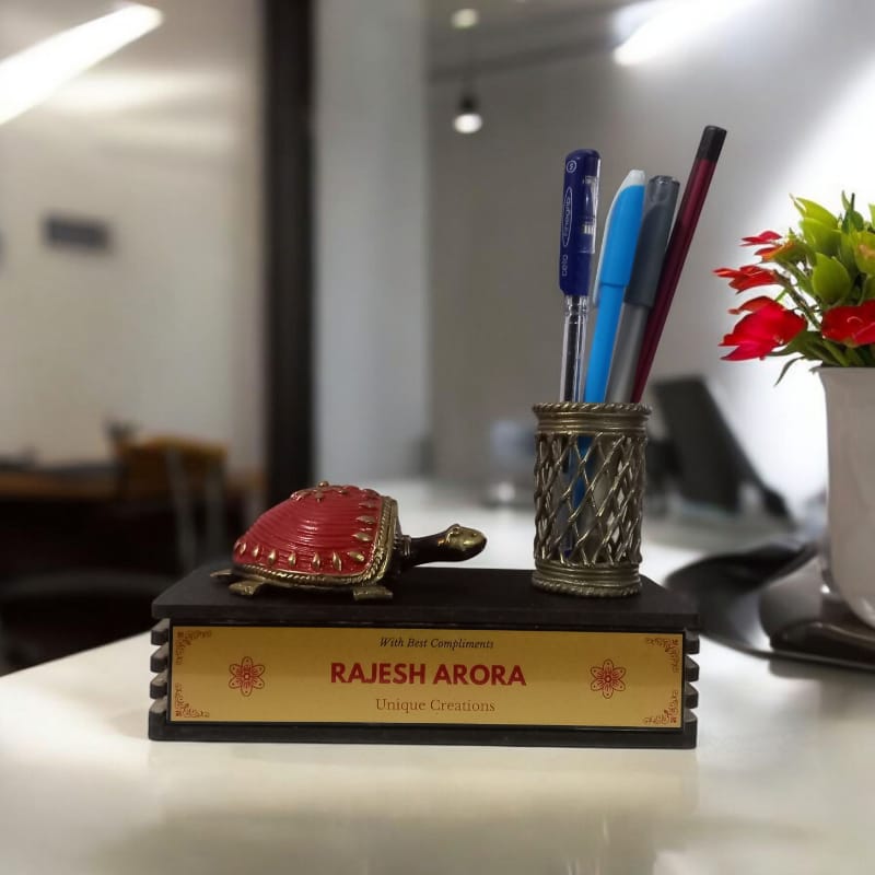 Personalized wooden base brass pen holder Bastar Dokra art
