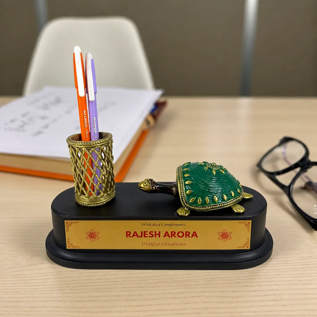 Personalized wooden base brass pen holder Bastar Dokra art