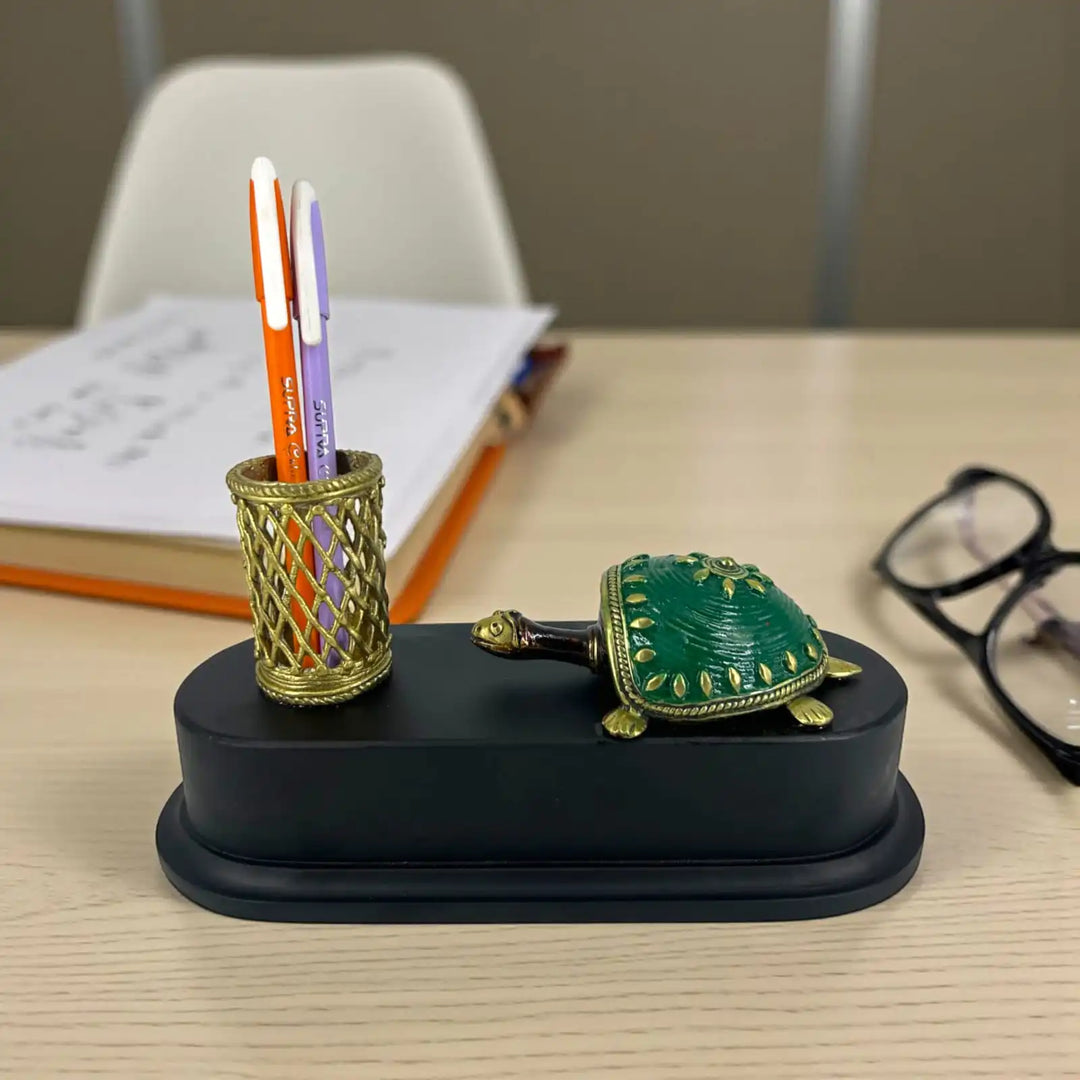 Personalized wooden base brass pen holder Bastar Dokra art