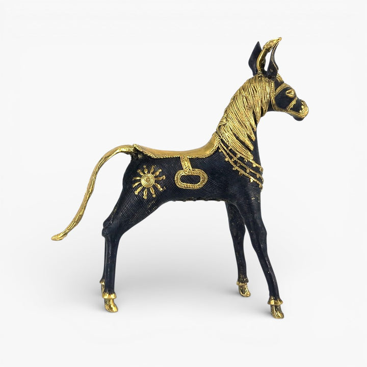 Side view of handcrafted brass horse decor Bastar Dokra art