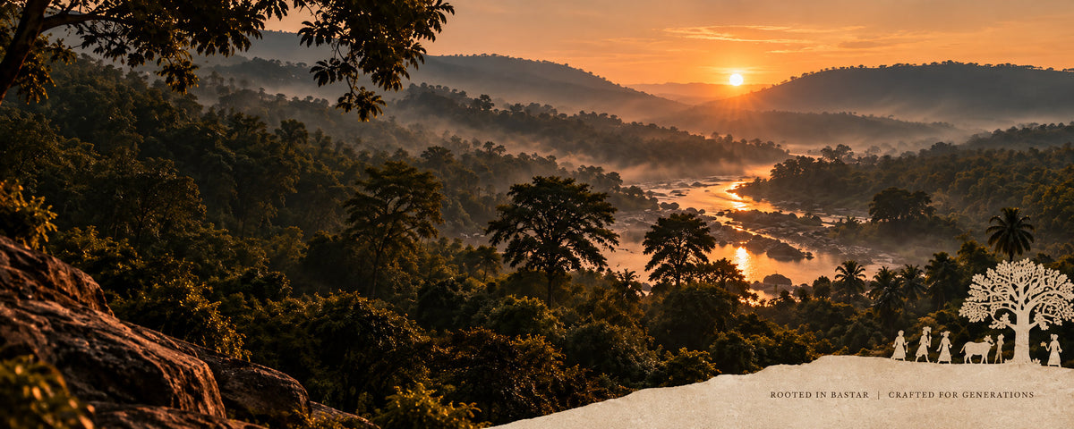 Sunrise over the Indravati river valley and sal forests of Bastar