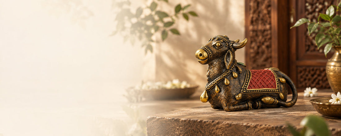 Bastar Dhokra brass Nandi with a red saddle cloth, resting on a stone ledge