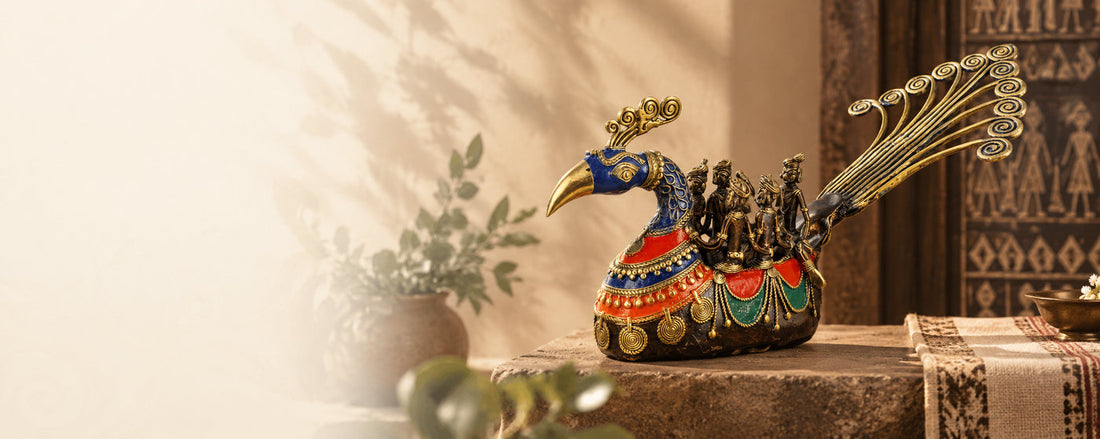 Bastar Dhokra peacock boat with rowers, brass and enamel, on a stone ledge