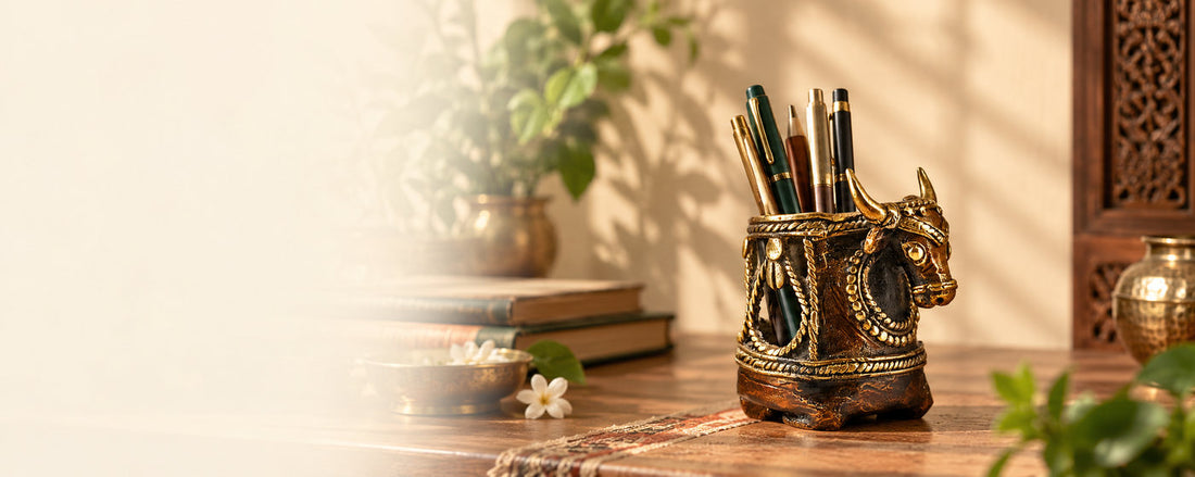 Bastar Dhokra brass bull pen stand on a wooden desk