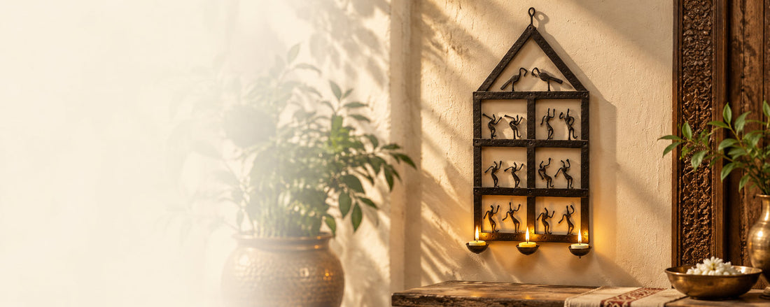 Bastar wrought-iron house wall hanging with tealights, on a sunlit wall